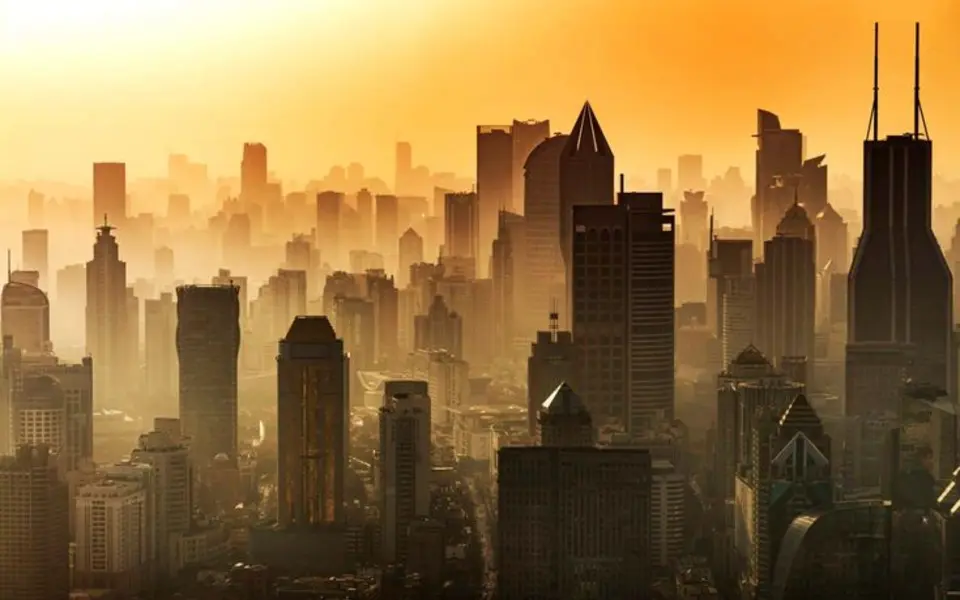 Urban skyline under extreme heat and haze