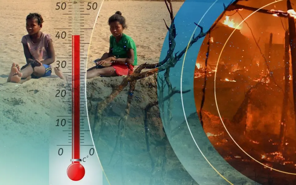 People exposed to extreme heat beside a temperature gauge and wildfire